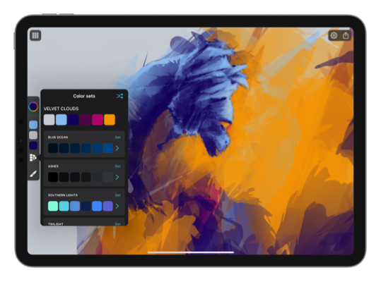 Exsto app screenshot showing a drawing of phoenix with the color set popover open.