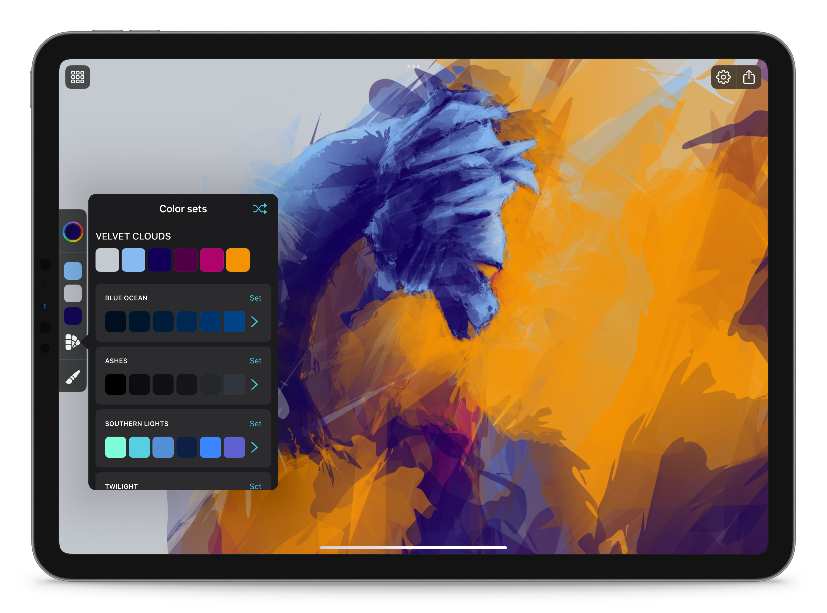 An iPad in landscape with an abstract purple Phoenix.