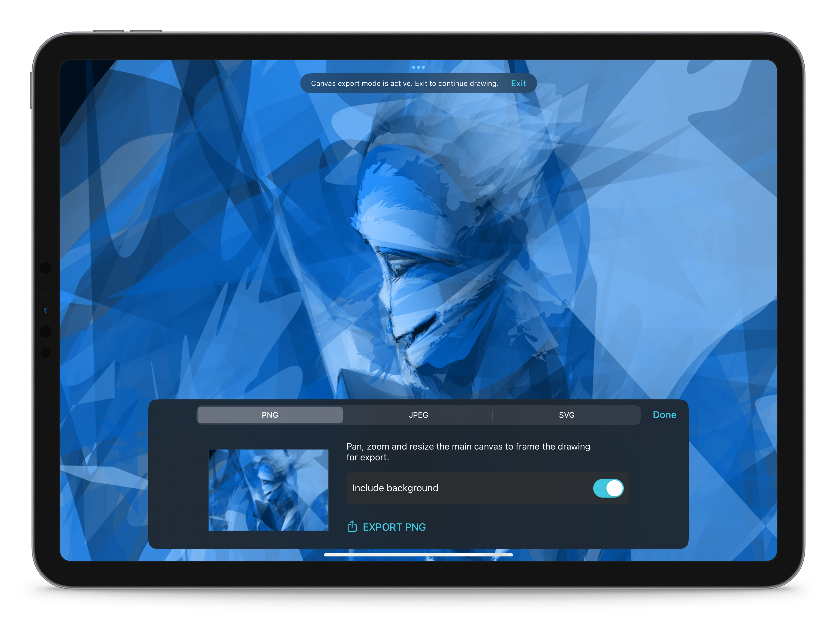 An iPad in landscape with a spirit face in the clouds of ice blue strokes.